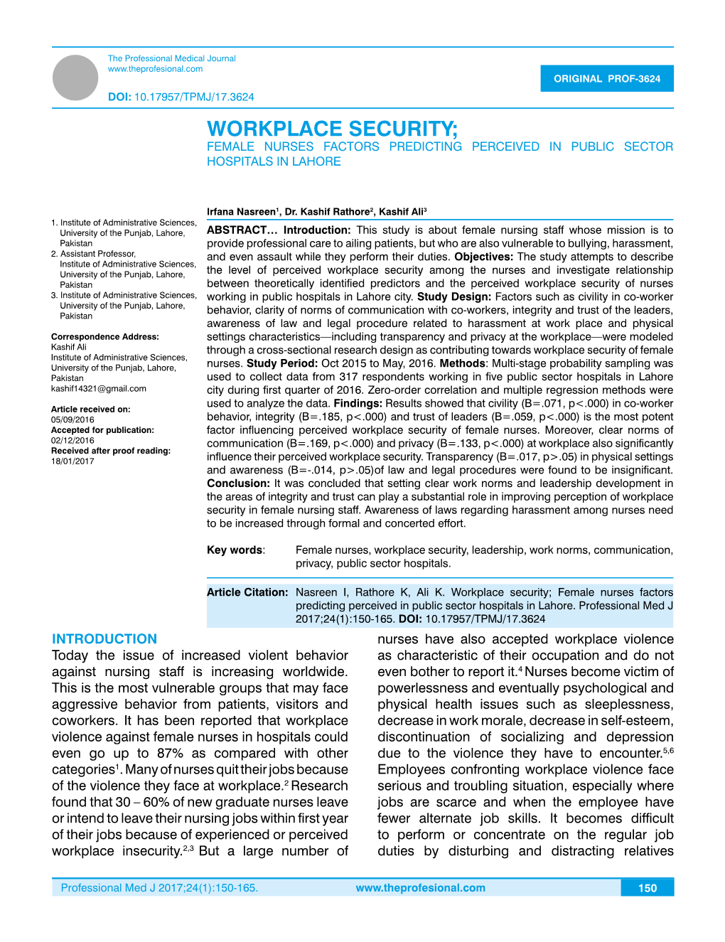 Workplace Security; Female Nurses Factors Predicting Perceived in Public Sector Hospitals in Lahore