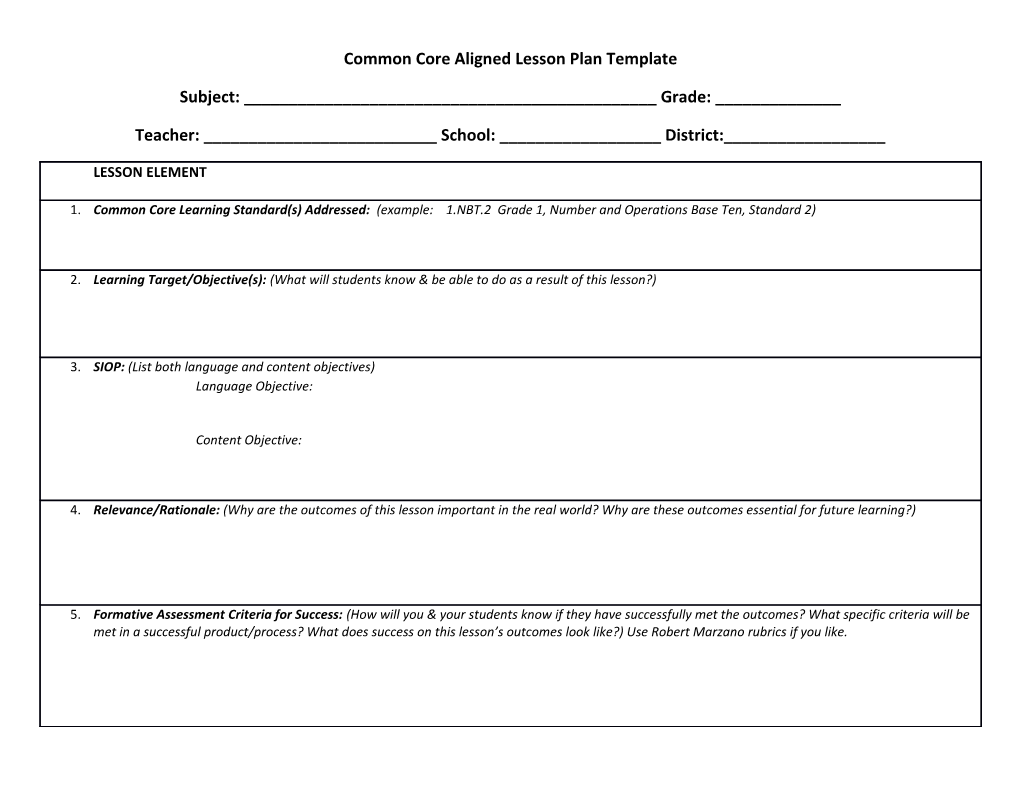 Common Core Aligned Lesson Plan Template