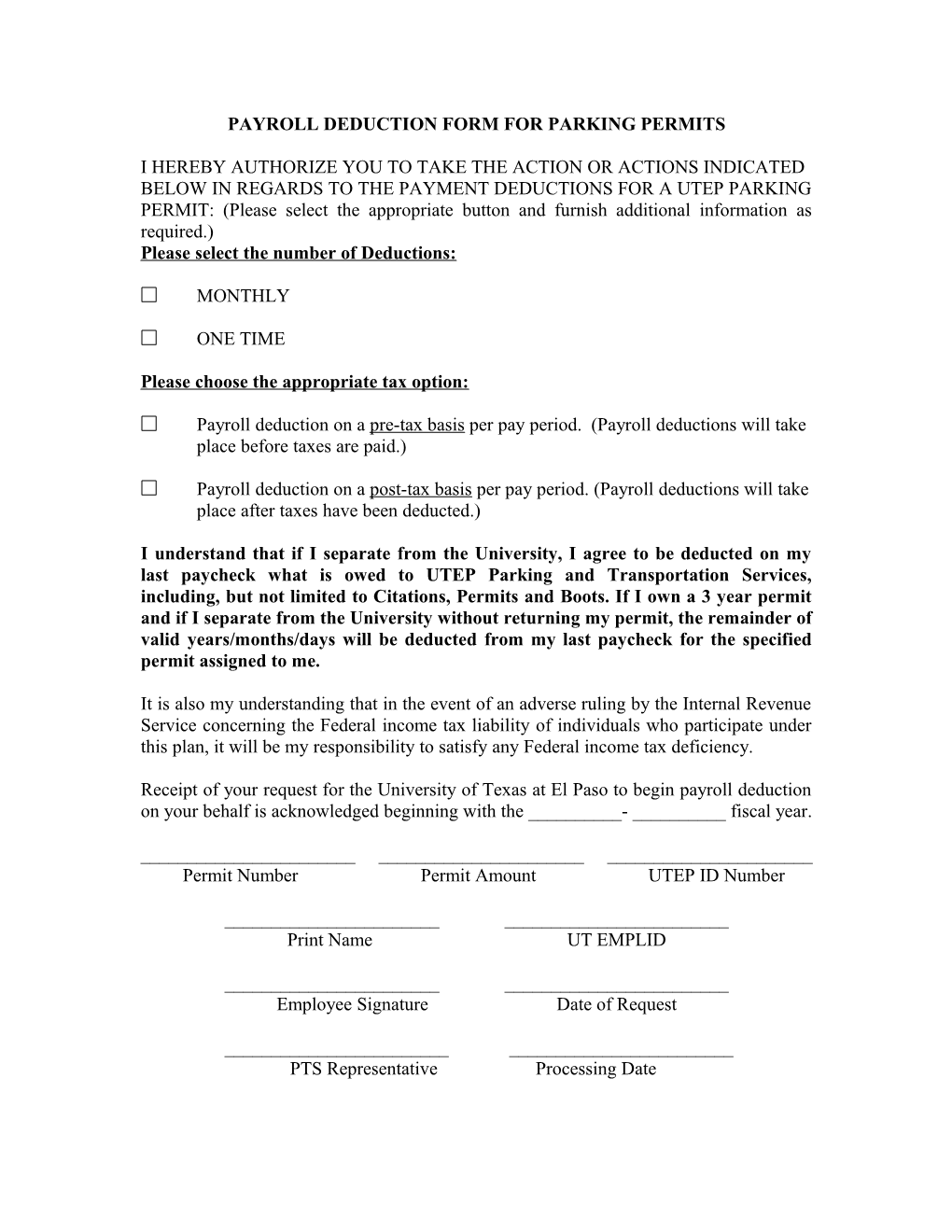 Payroll Deduction Form for Parking Permits