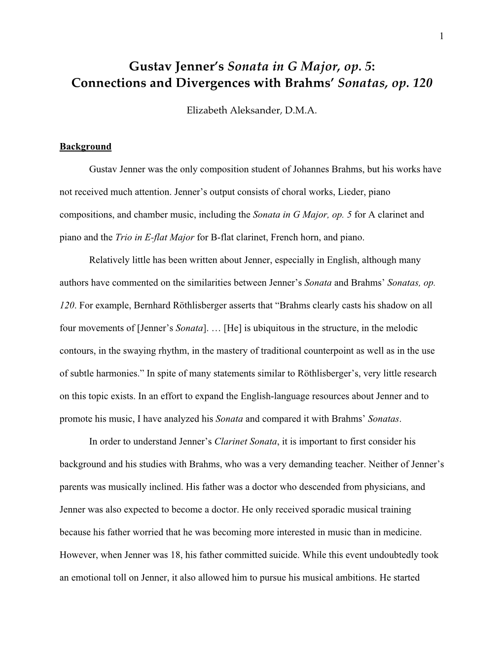 Gustav Jenner's Sonata in G Major, Op. 5: Connections and Divergences