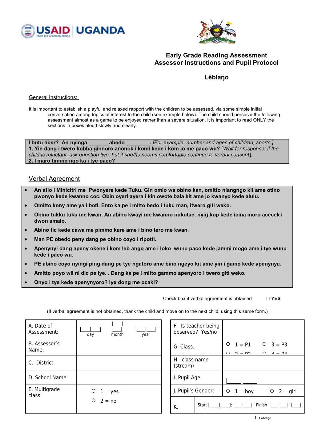 Instruments and Student Response Sheets