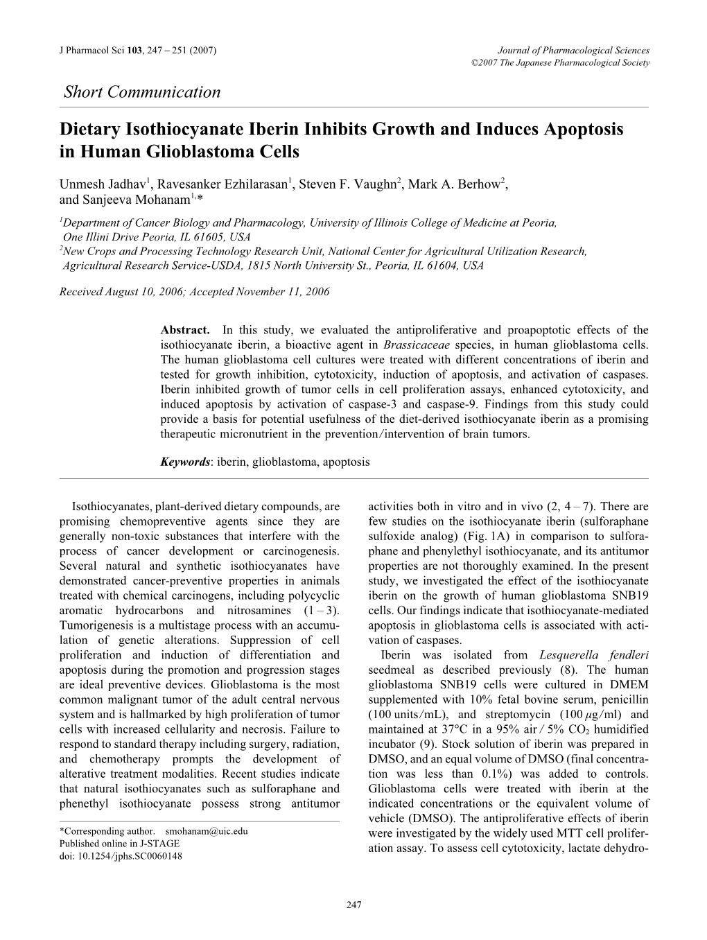 Dietary Isothiocyanate Iberin Inhibits Growth and Induces Apoptosis in Human Glioblastoma Cells