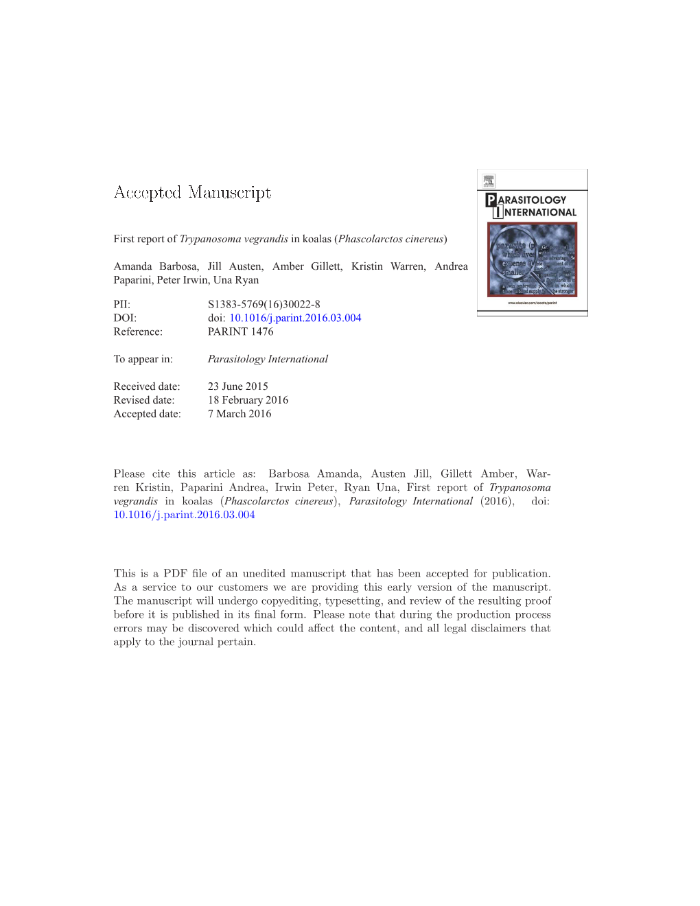 First Report of Trypanosoma Vegrandis in Koalas (Phascolarctos Cinereus)