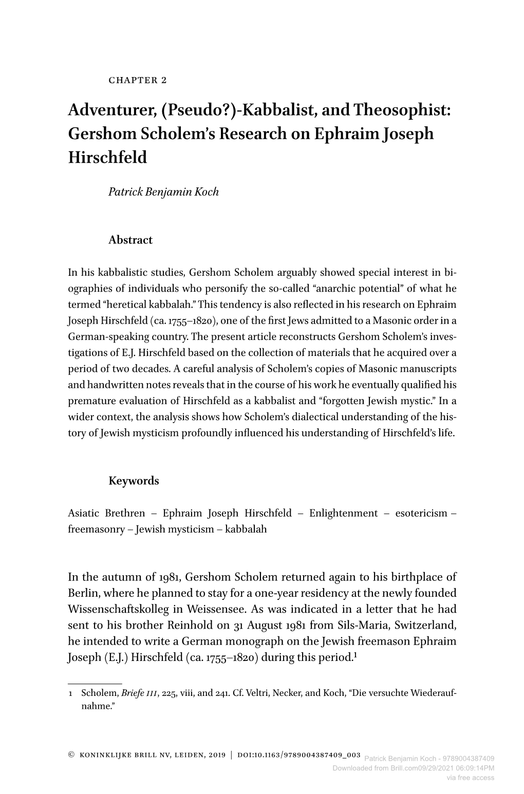 Gershom Scholem's Research on Ephraim Joseph Hirschfeld