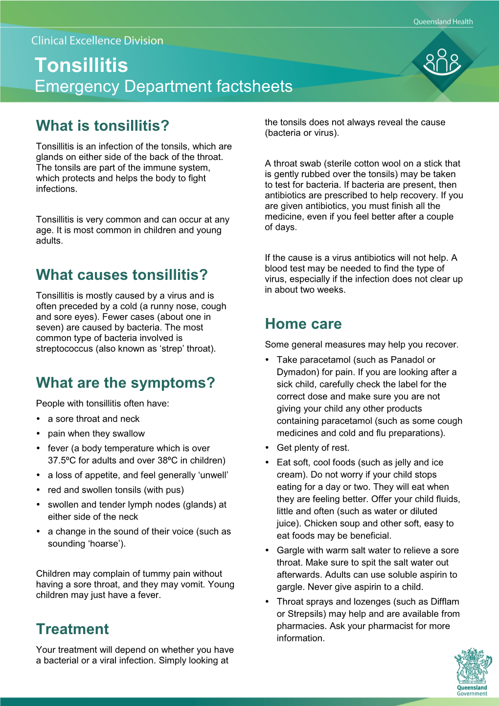 Tonsillitis | Emergency Department Patient Information Sheet