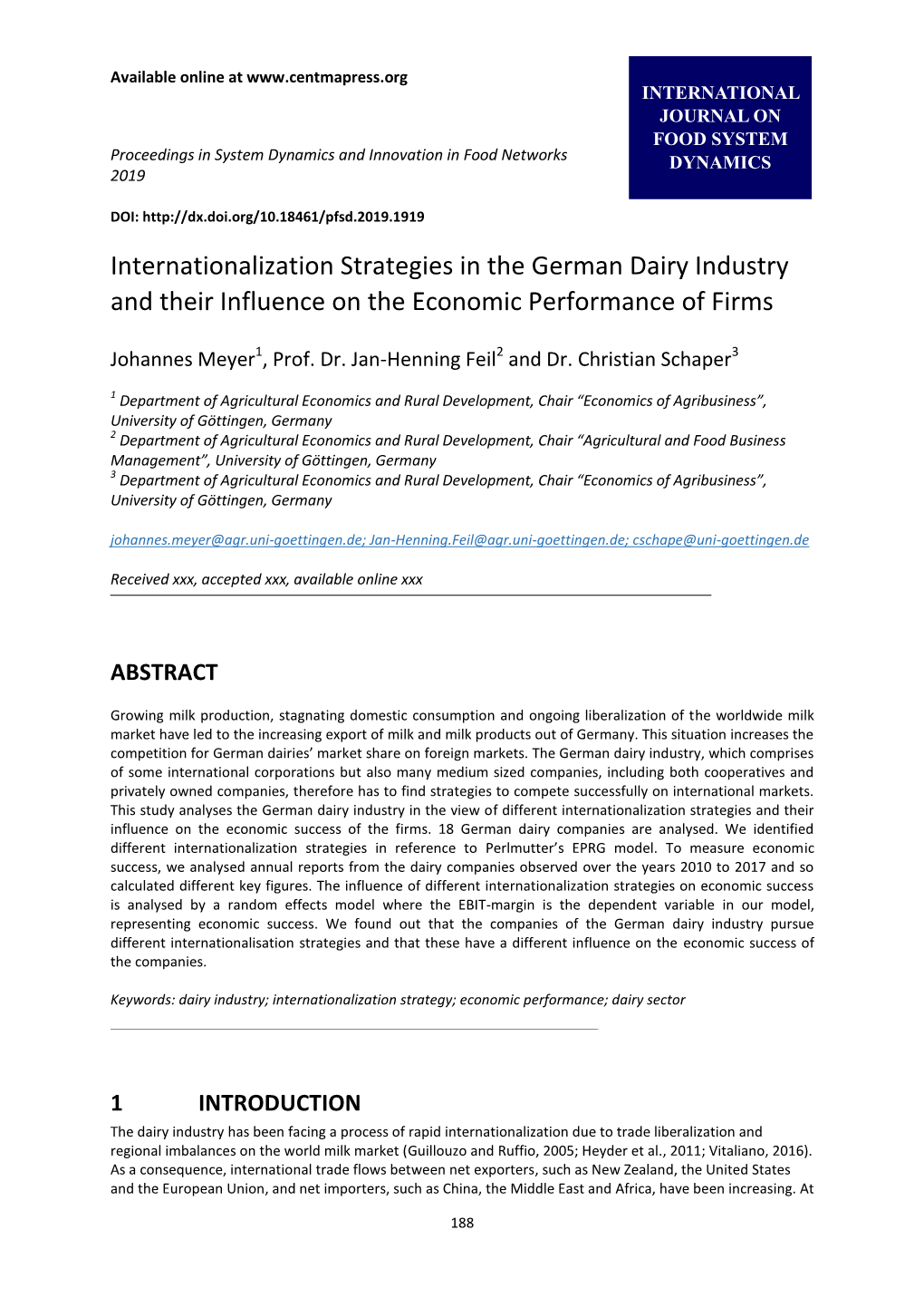 Internationalization Strategies in the German Dairy Industry and Their Influence on the Economic Performance of Firms