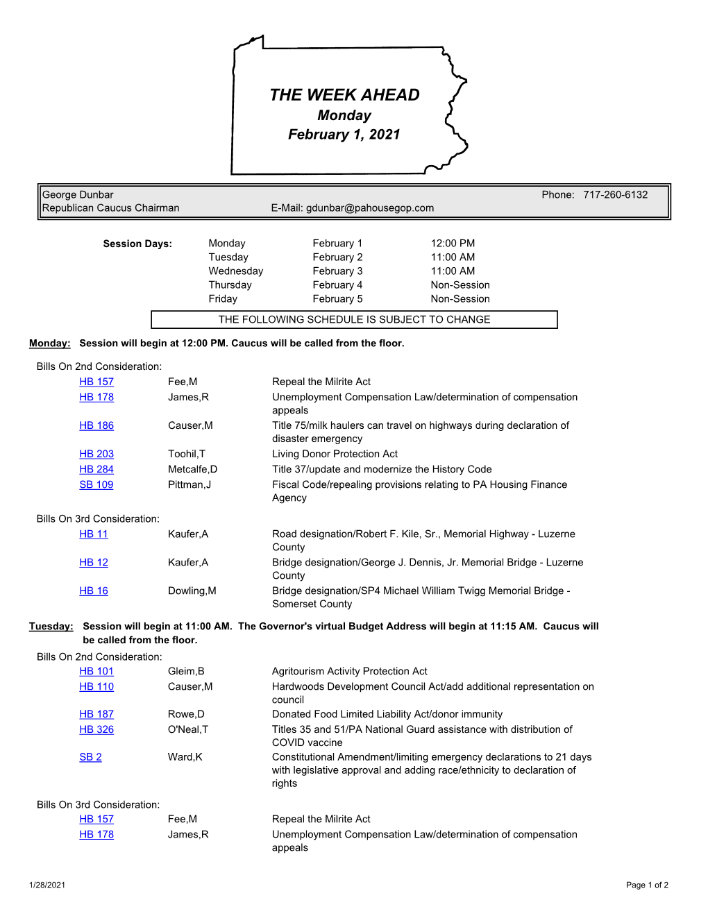 THE WEEK AHEAD Monday February 1, 2021