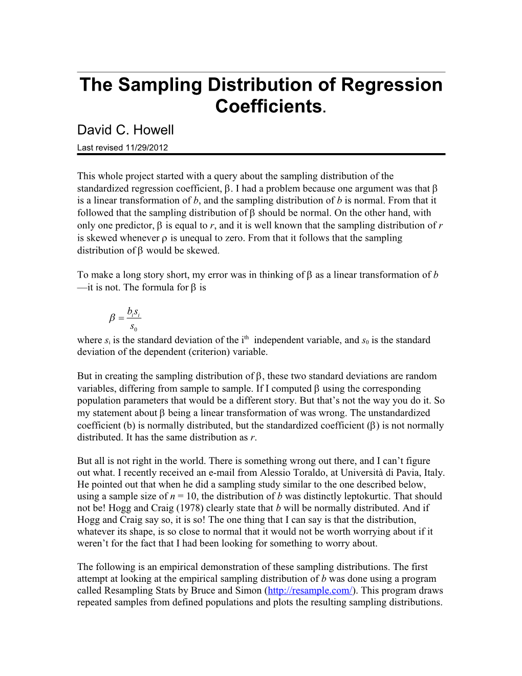 Resampling Data on the Sampling Distribution of the Slope