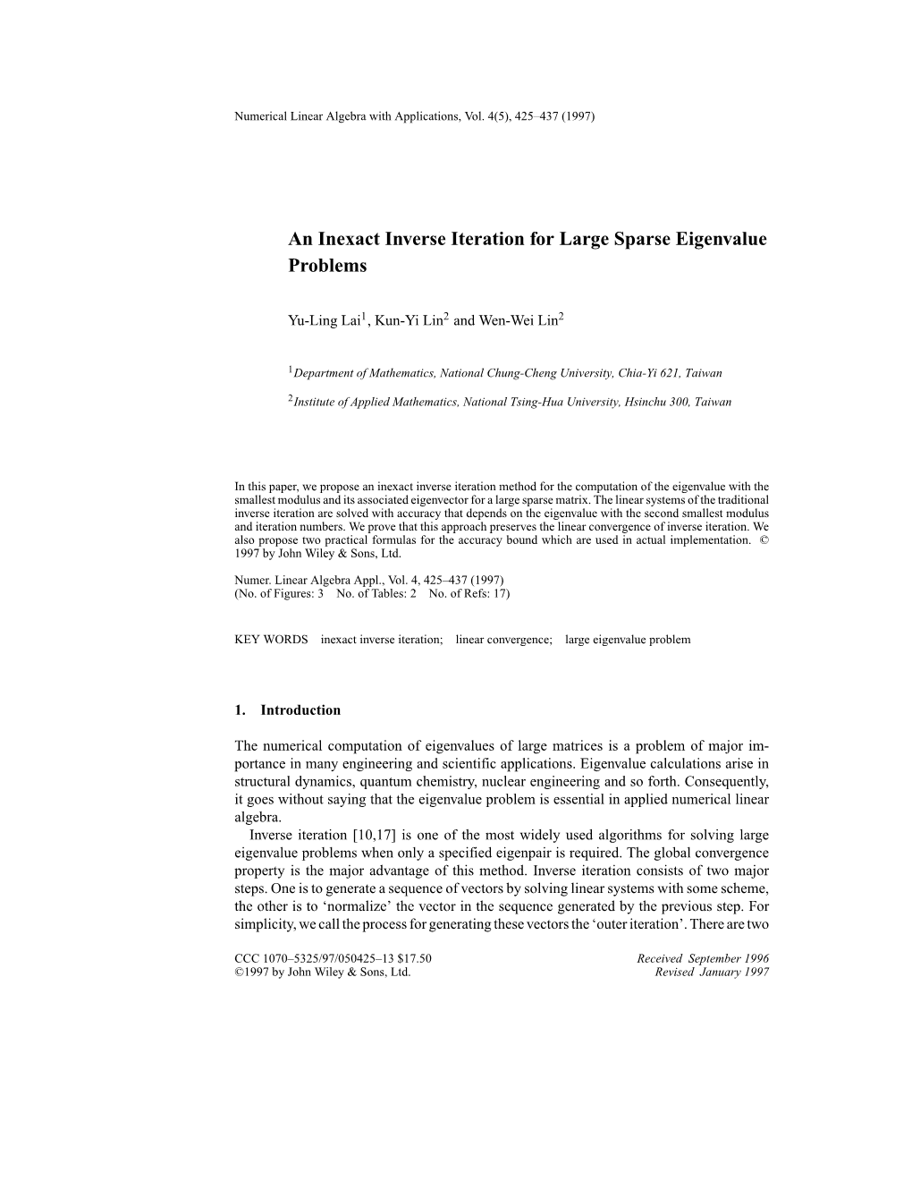 An Inexact Inverse Iteration for Large Sparse Eigenvalue Problems