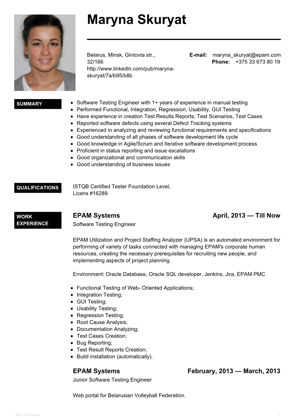 Software Testing Engineer CV of Maryna Skuryat