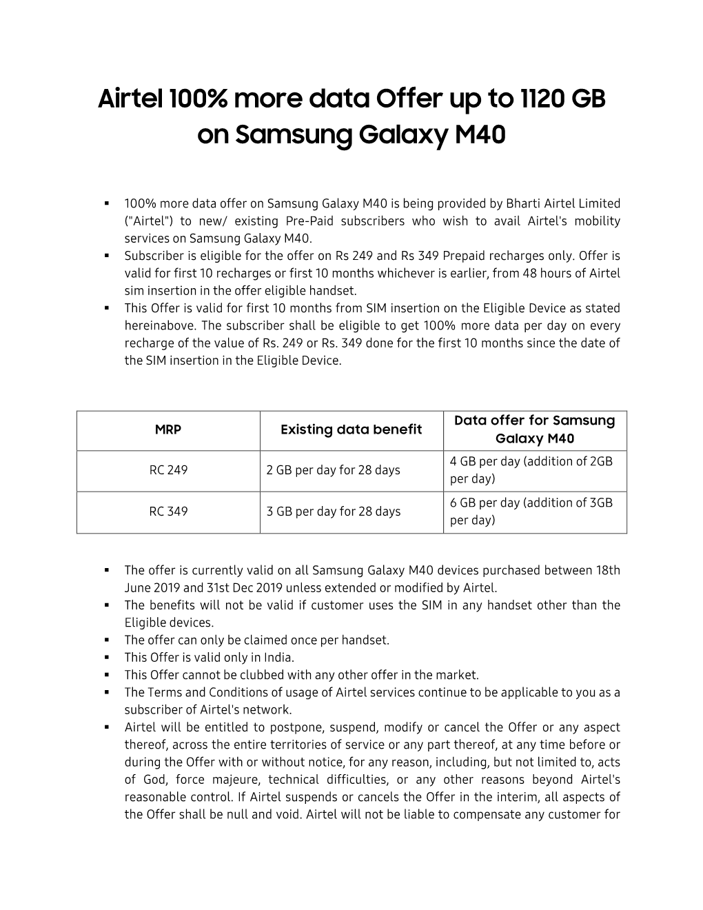 Airtel 100% More Data Offer up to 1120 GB on Samsung Galaxy M40