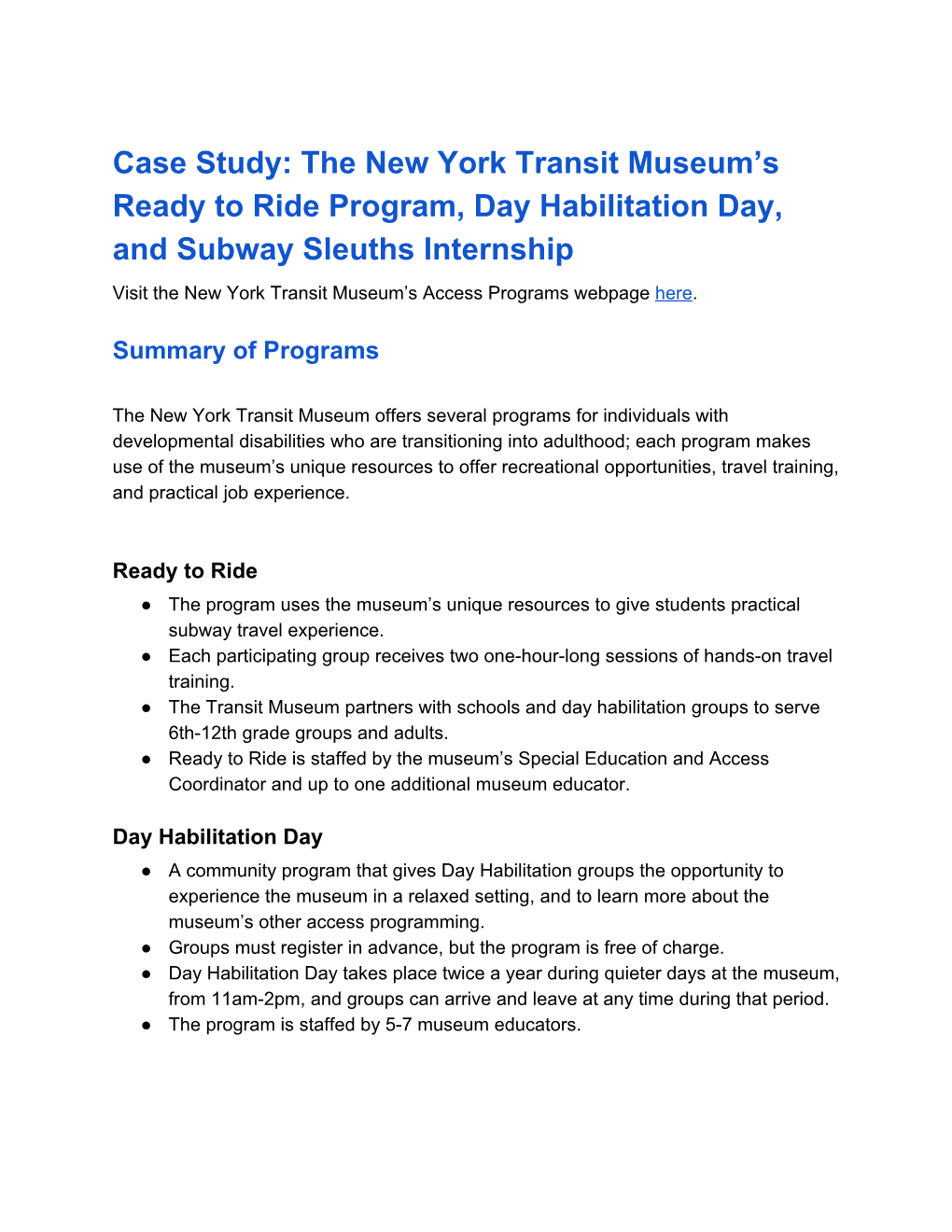 Case Study: the New York Transit Museum's Ready to Ride Program, Day Habilitation Day, and Subway Sleuths Internship