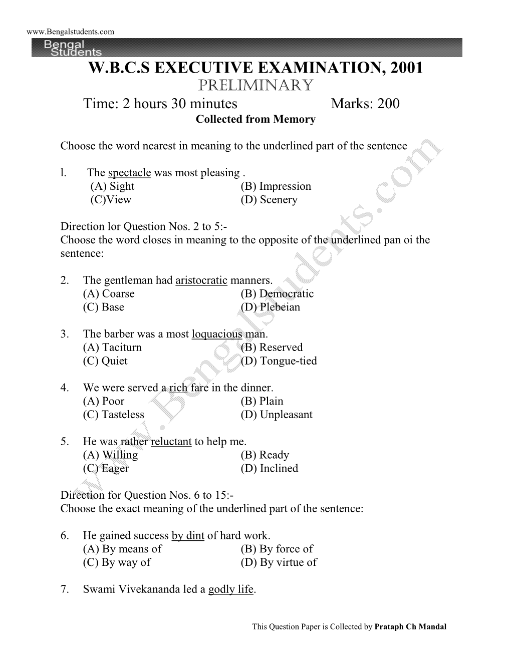 WBCS Prelims 2001 (Eng Ver) Question Paper.Pdf