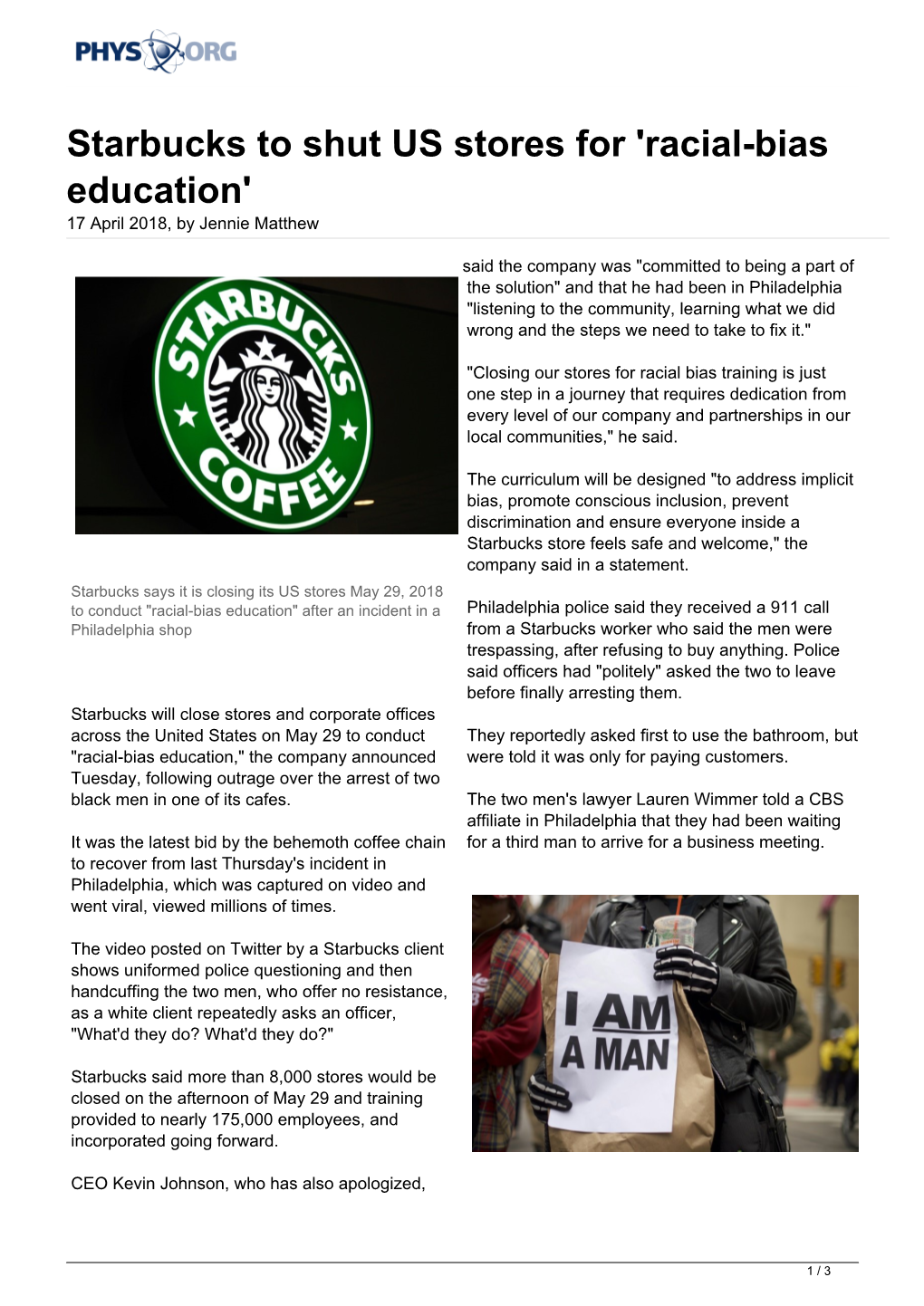 Starbucks to Shut US Stores for 'Racial-Bias Education' 17 April 2018, by Jennie Matthew