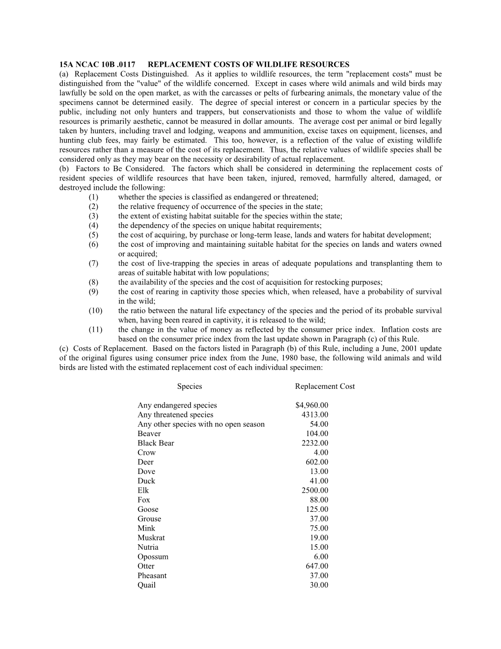 15A Ncac 10B .0117 REPLACEMENT COSTS of WILDLIFE RESOURCES