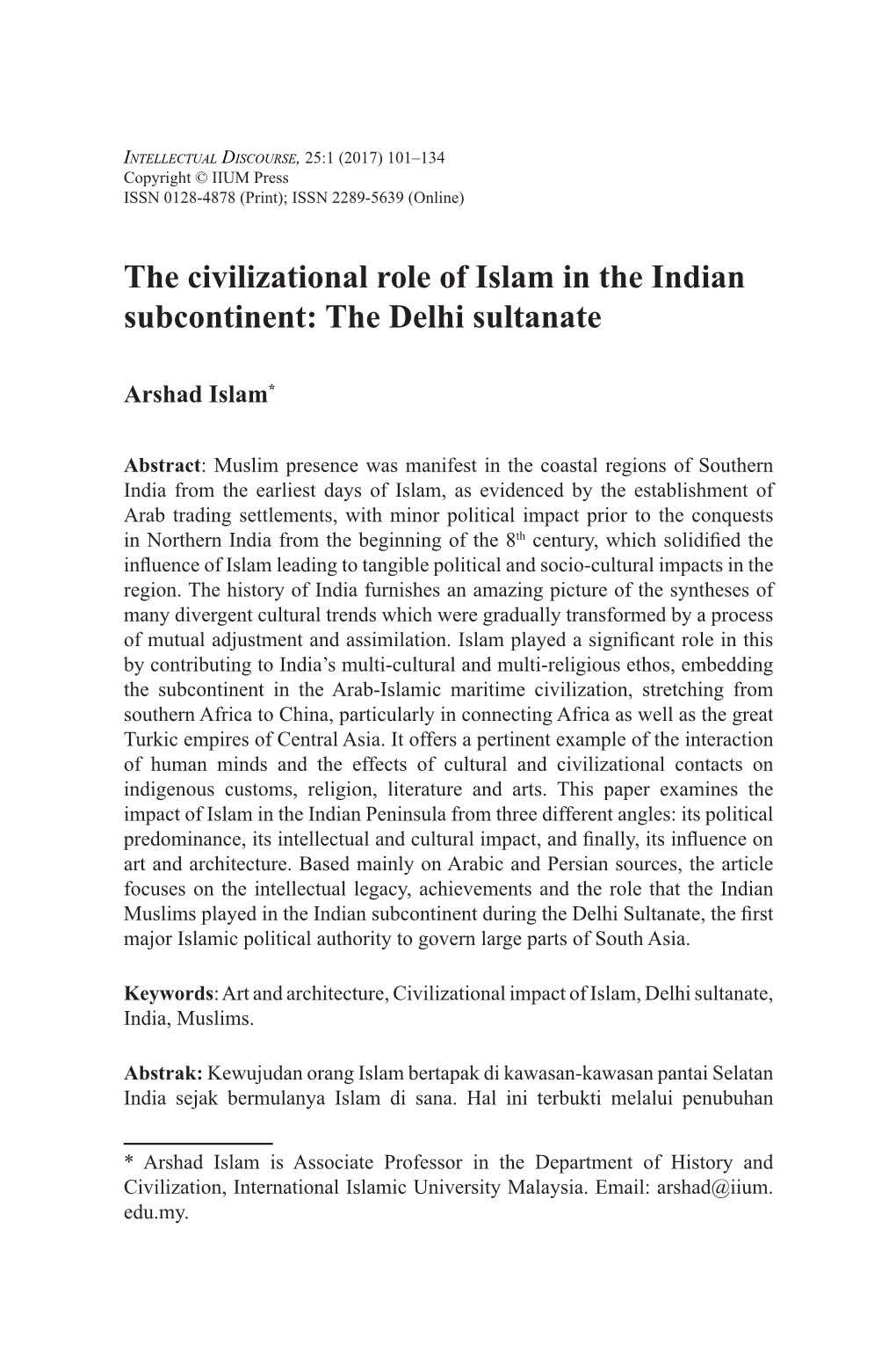 The Civilizational Role of Islam in the Indian Subcontinent: the Delhi Sultanate
