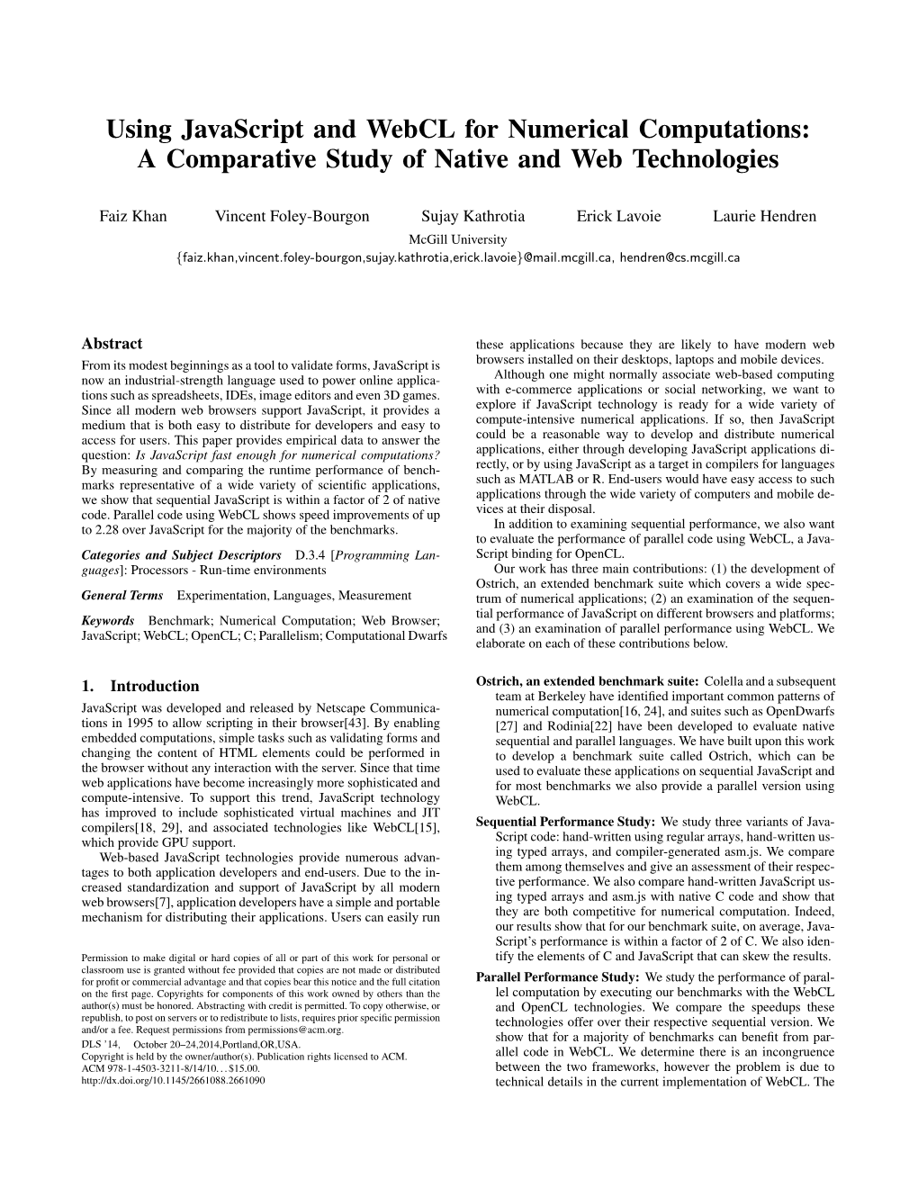 Using Javascript and Webcl for Numerical Computations: a Comparative Study of Native and Web Technologies