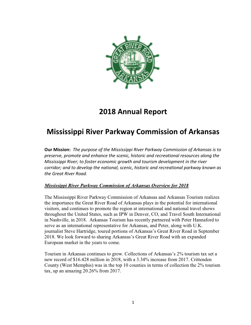 2018 Annual Report Mississippi River Parkway Commission of Arkansas