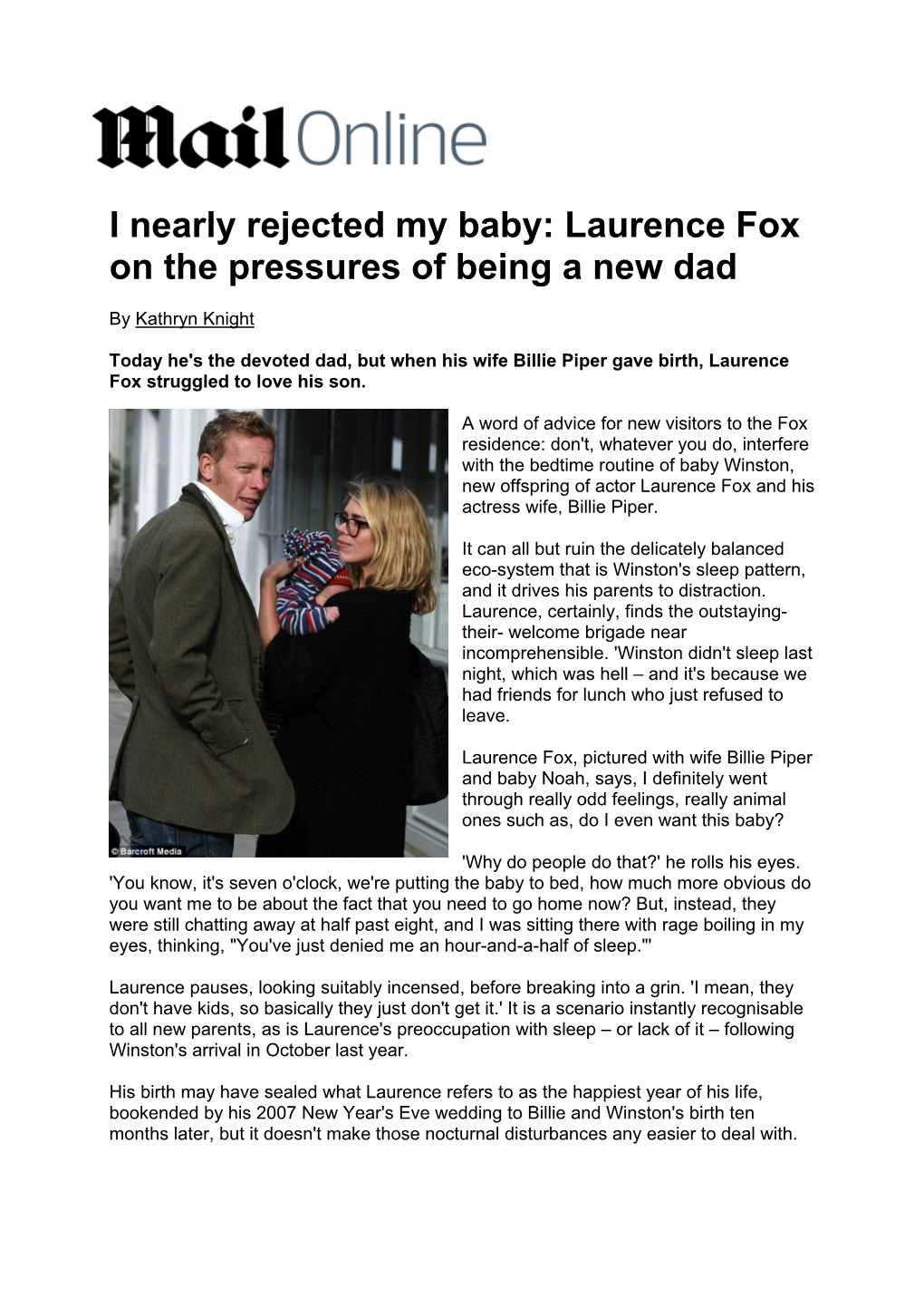 I Nearly Rejected My Baby: Laurence Fox on the Pressures of Being a New Dad