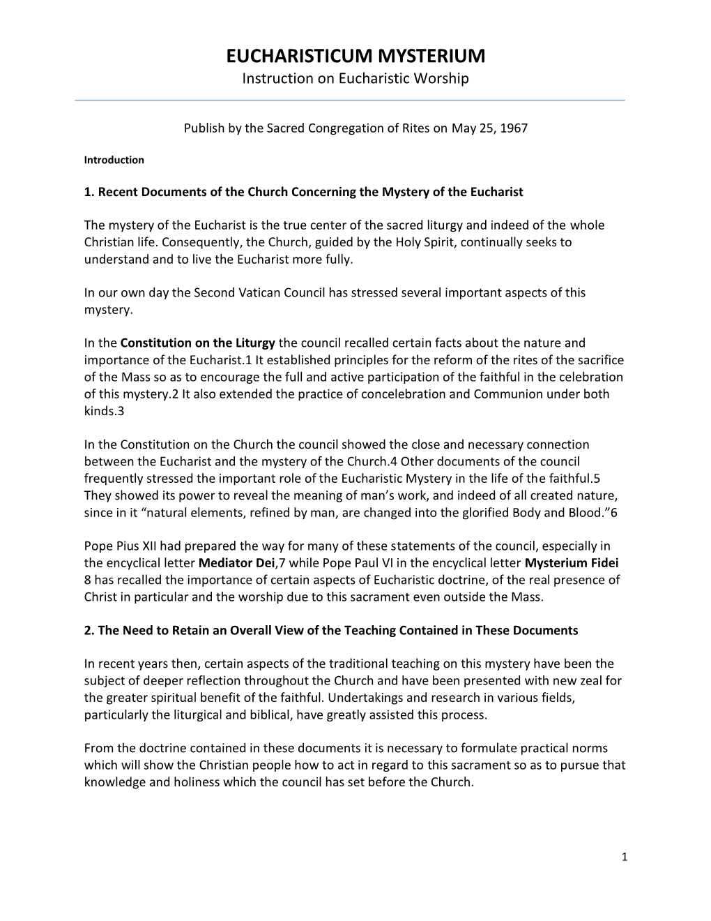 EUCHARISTICUM MYSTERIUM Instruction on Eucharistic Worship