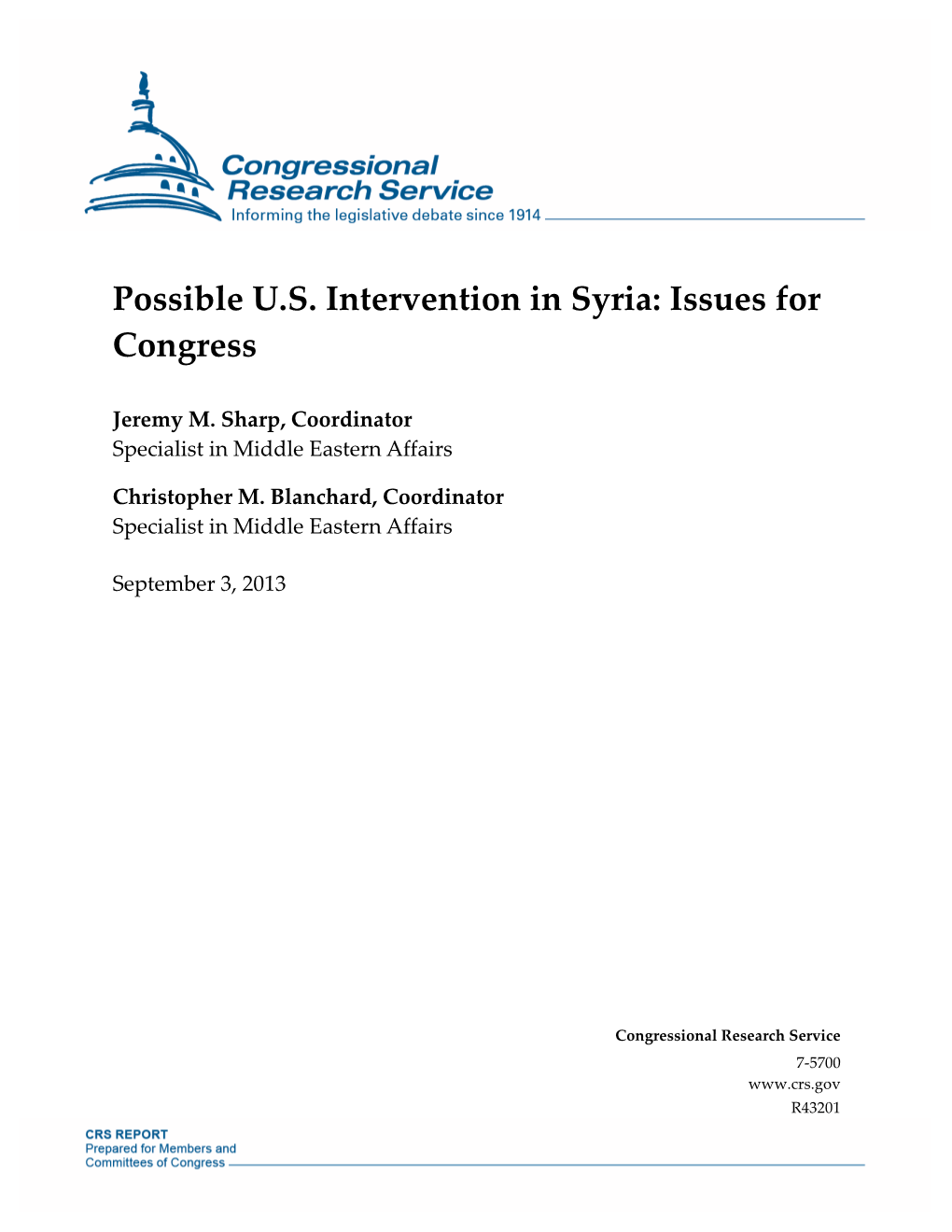 Possible U.S. Intervention in Syria: Issues for Congress