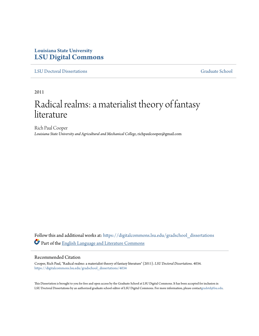 A Materialist Theory of Fantasy Literature Rich Paul Cooper Louisiana State University and Agricultural and Mechanical College, Richpaulcooper@Gmail.Com