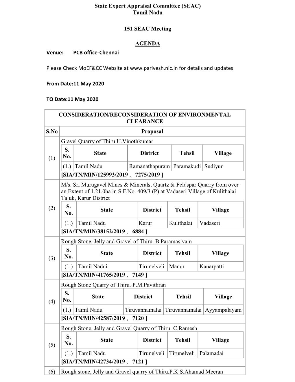 Tamil Nadu 151 SEAC Meeting AGENDA Venue