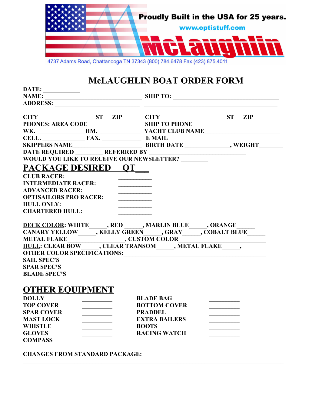 Mclaughlin BOAT ORDER FORM