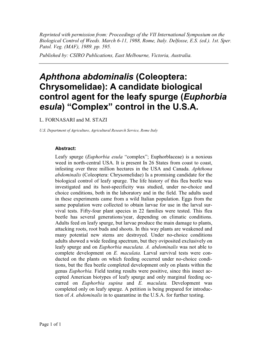 Aphthona Abdominalis (Coleoptera: Chrysomelidae): a Candidate Biological Control Agent for the Leafy Spurge (Euphorbia Esula) “Complex” Control in the U.S.A