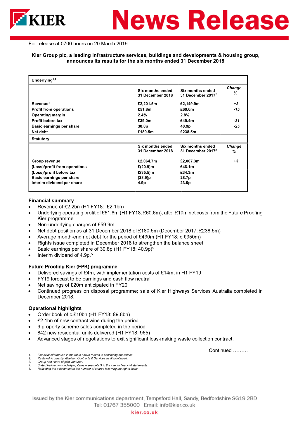 For Release at 0700 Hours on 20 March 2019 Kier Group Plc, A