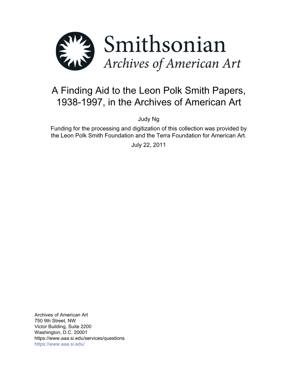 A Finding Aid to the Leon Polk Smith Papers, 1938-1997, in the Archives of American Art