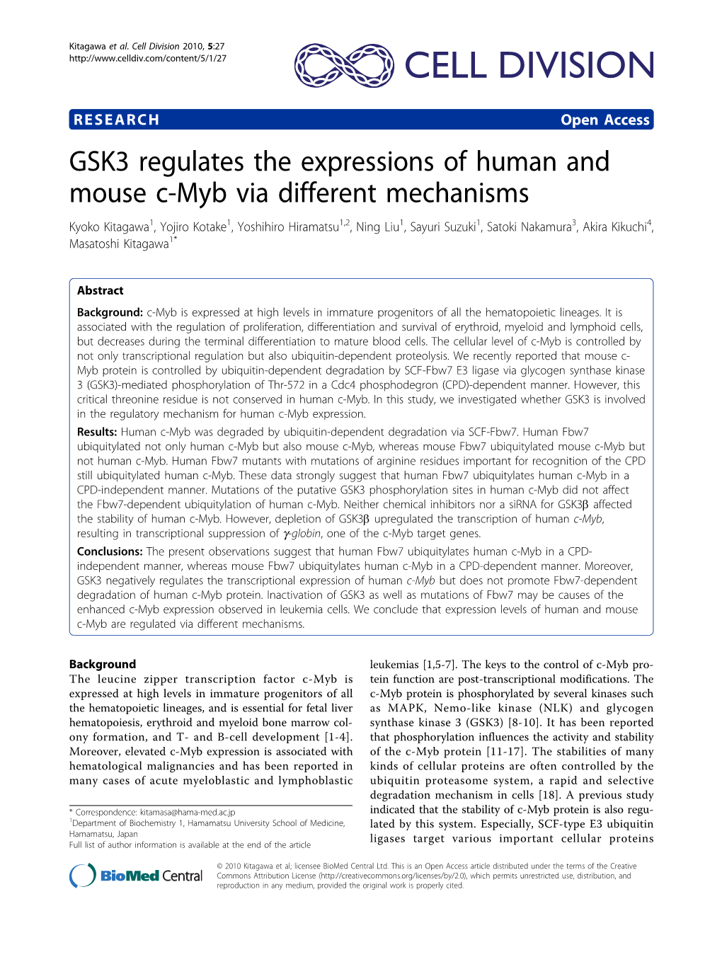 GSK3 Regulates the Expressions of Human and Mouse C-Myb Via