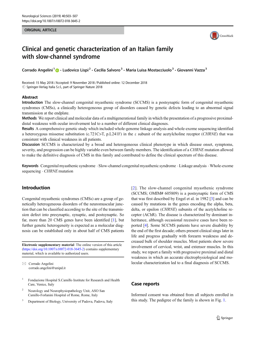 Clinical and Genetic Characterization of an Italian Family with Slow-Channel Syndrome