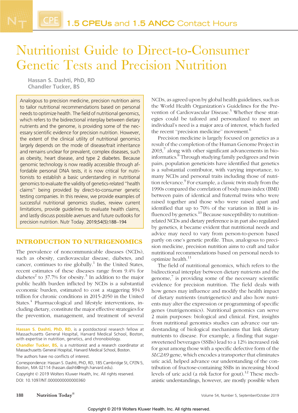 Nutritionist Guide to Direct-To-Consumer Genetic Tests and Precision Nutrition Hassan S