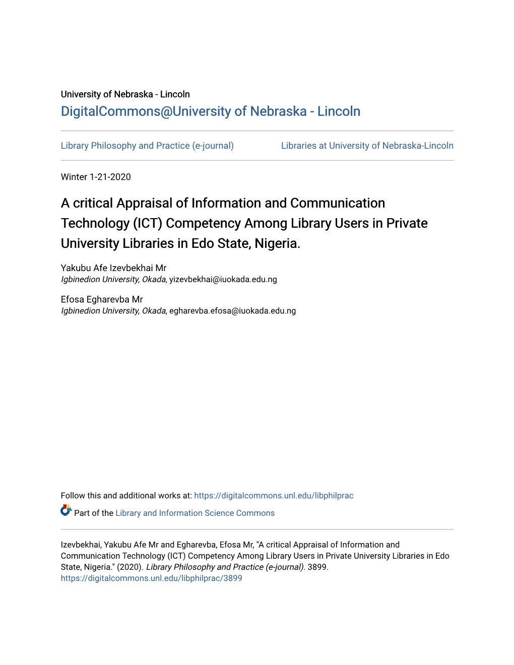 (ICT) Competency Among Library Users in Private University Libraries in Edo State, Nigeria