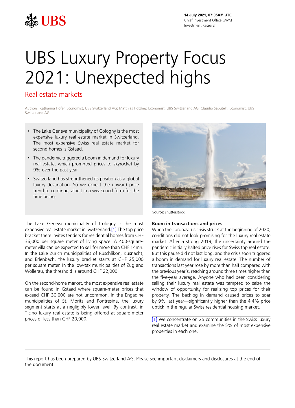UBS Luxury Property Focus 2021: Unexpected Highs Real Estate Markets
