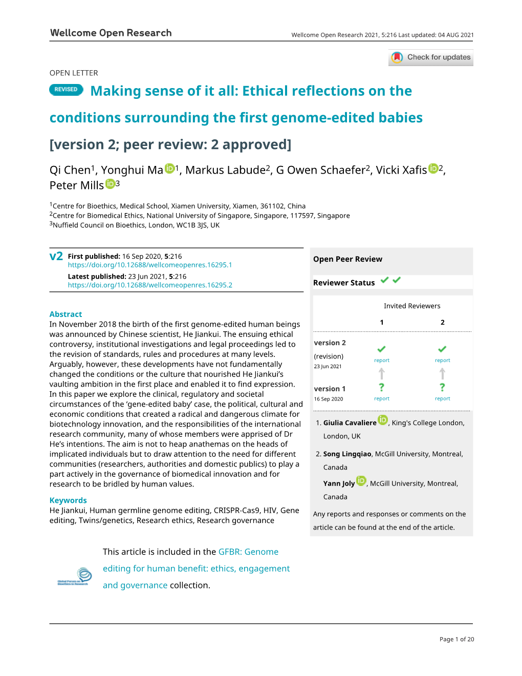 Ethical Reflections on the Conditions Surrounding the First Genome-Edited Babies [Version 2; Peer Review: 2 Approved]