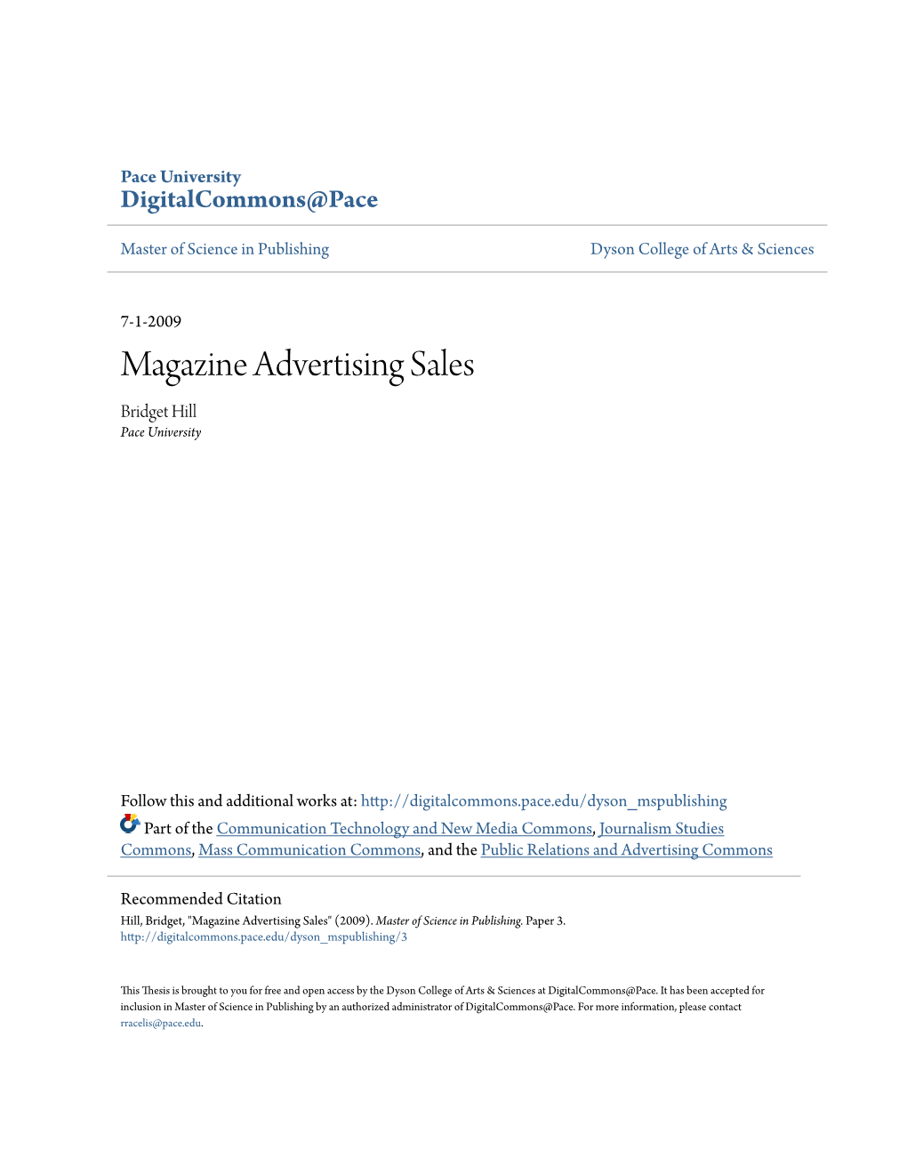 Magazine Advertising Sales Bridget Hill Pace University
