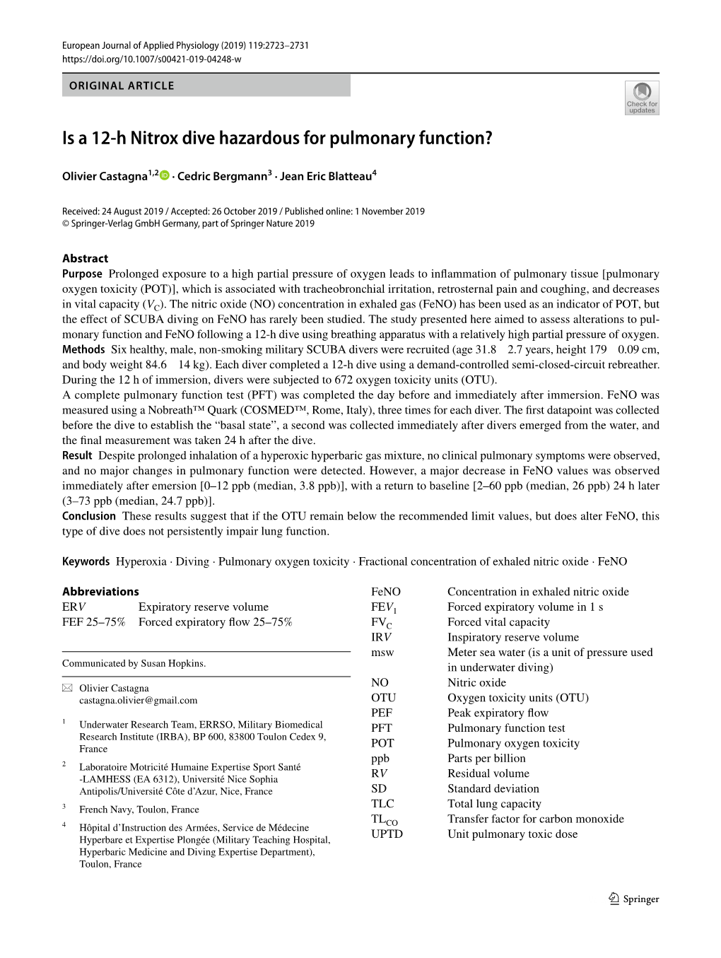 Is a 12-H Nitrox Dive Hazardous for Pulmonary Function?