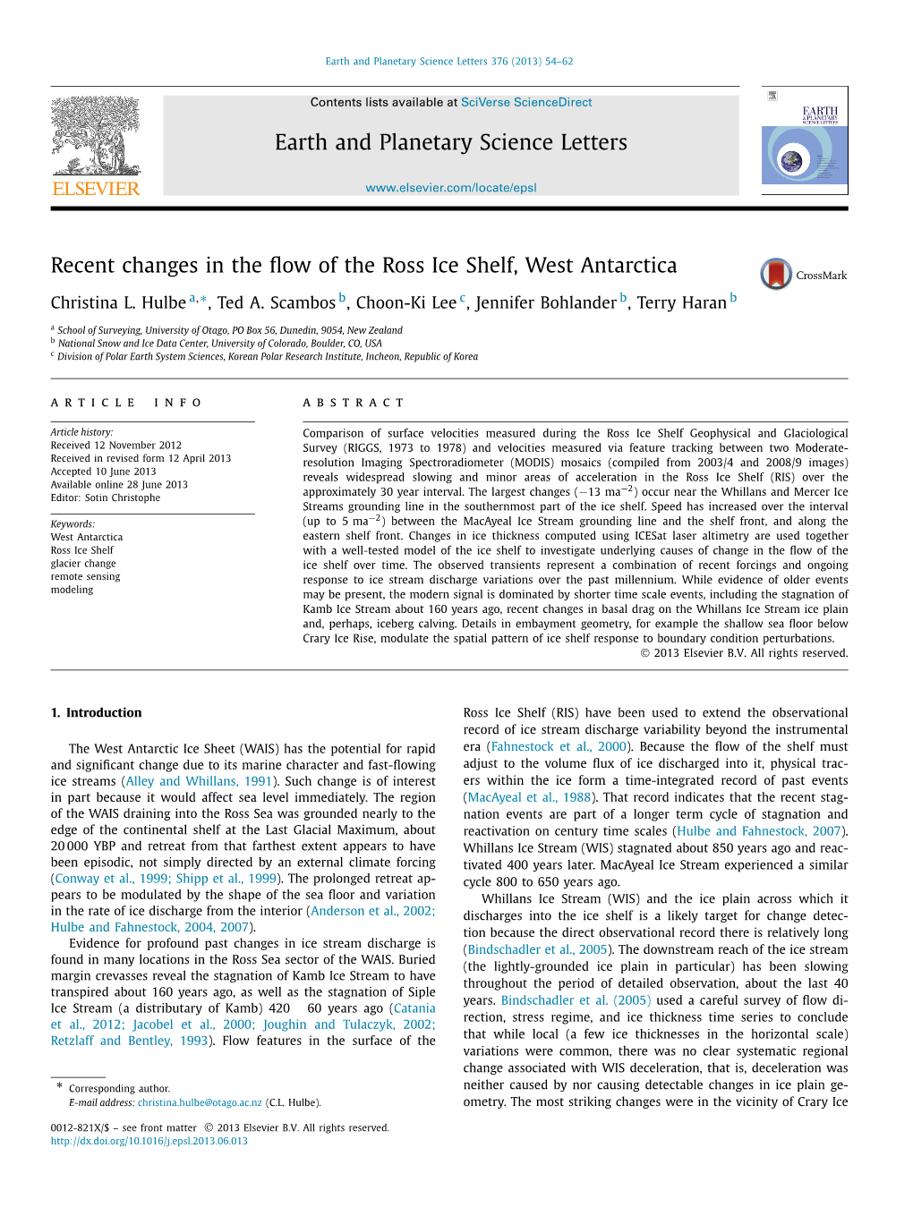 Recent Changes in the Flow of the Ross Ice Shelf, West Antarctica