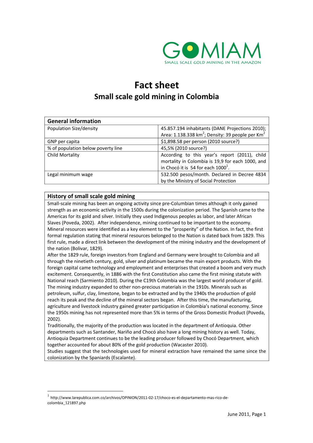 Fact Sheet Small Scale Gold Mining in Colombia