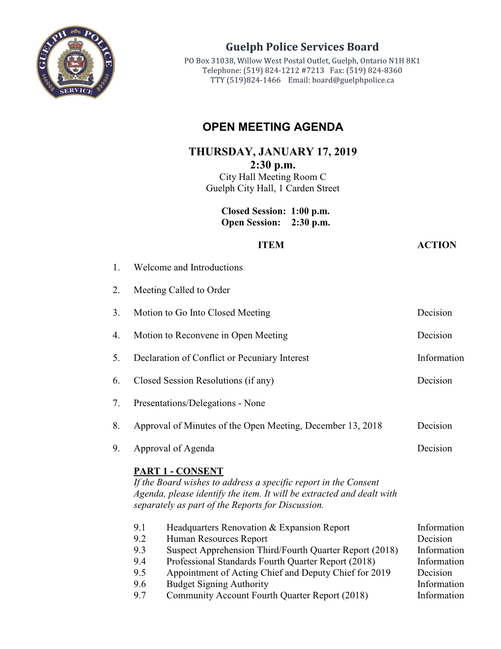 Guelph Police Services Board OPEN MEETING AGENDA THURSDAY