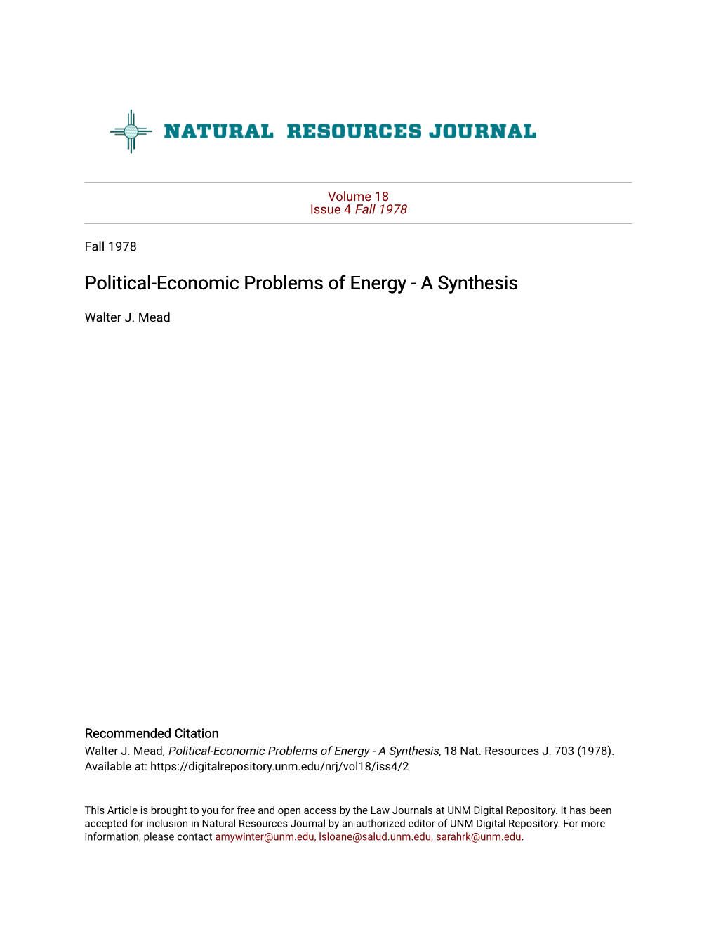 Political-Economic Problems of Energy - a Synthesis