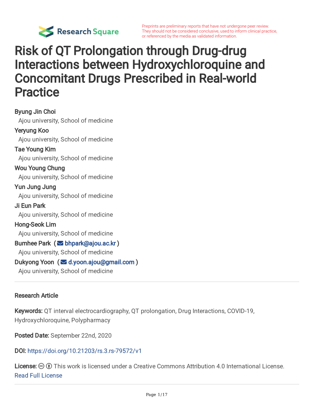 Risk of QT Prolongation Through Drug-Drug Interactions Between Hydroxychloroquine and Concomitant Drugs Prescribed in Real-World Practice