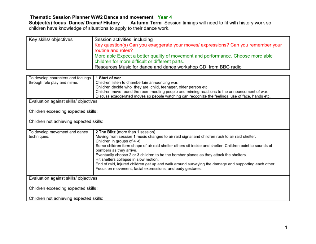 Thematic Session Planner WW2 Dance and Movement Year 4