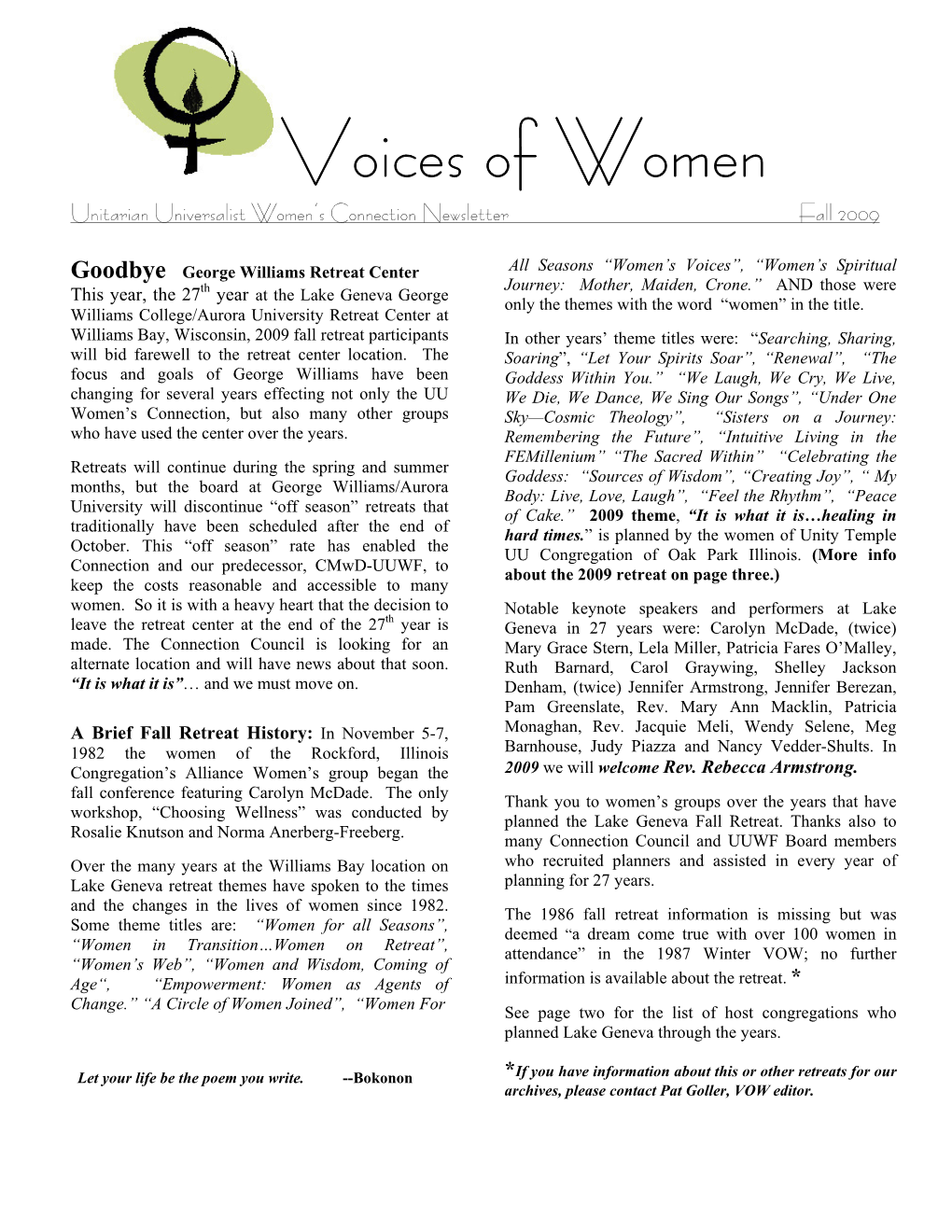 Voices of Women Unitarian Universalist Women’S Connection Newsletter Fall 2009