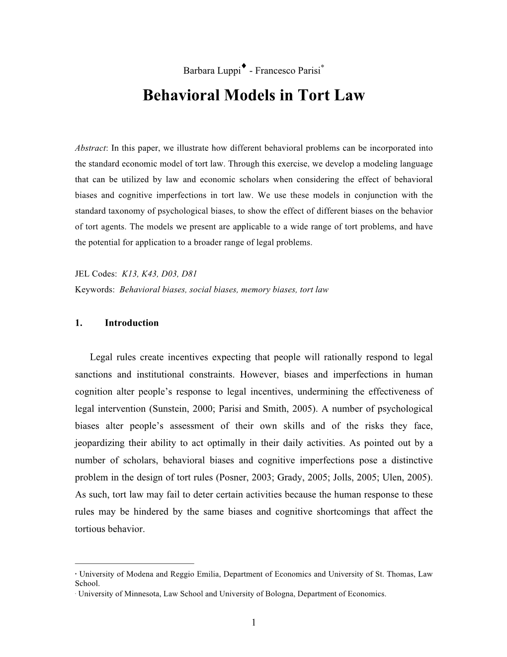 Behavioral Models in Tort Law