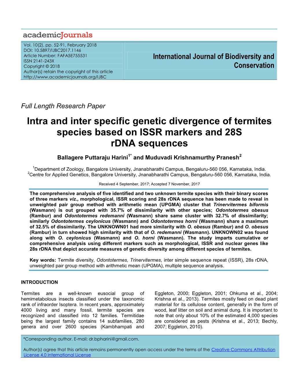 Intra and Inter Specific Genetic Divergence of Termites Species Based on ISSR Markers and 28S Rdna Sequences