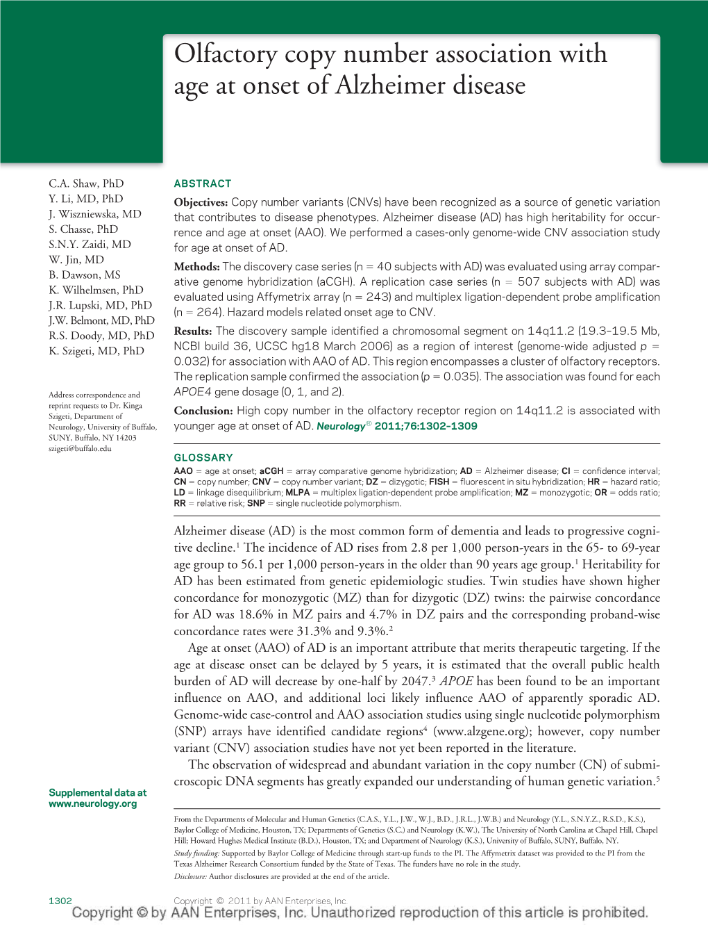 Olfactory Copy Number Association with Age at Onset of Alzheimer Disease