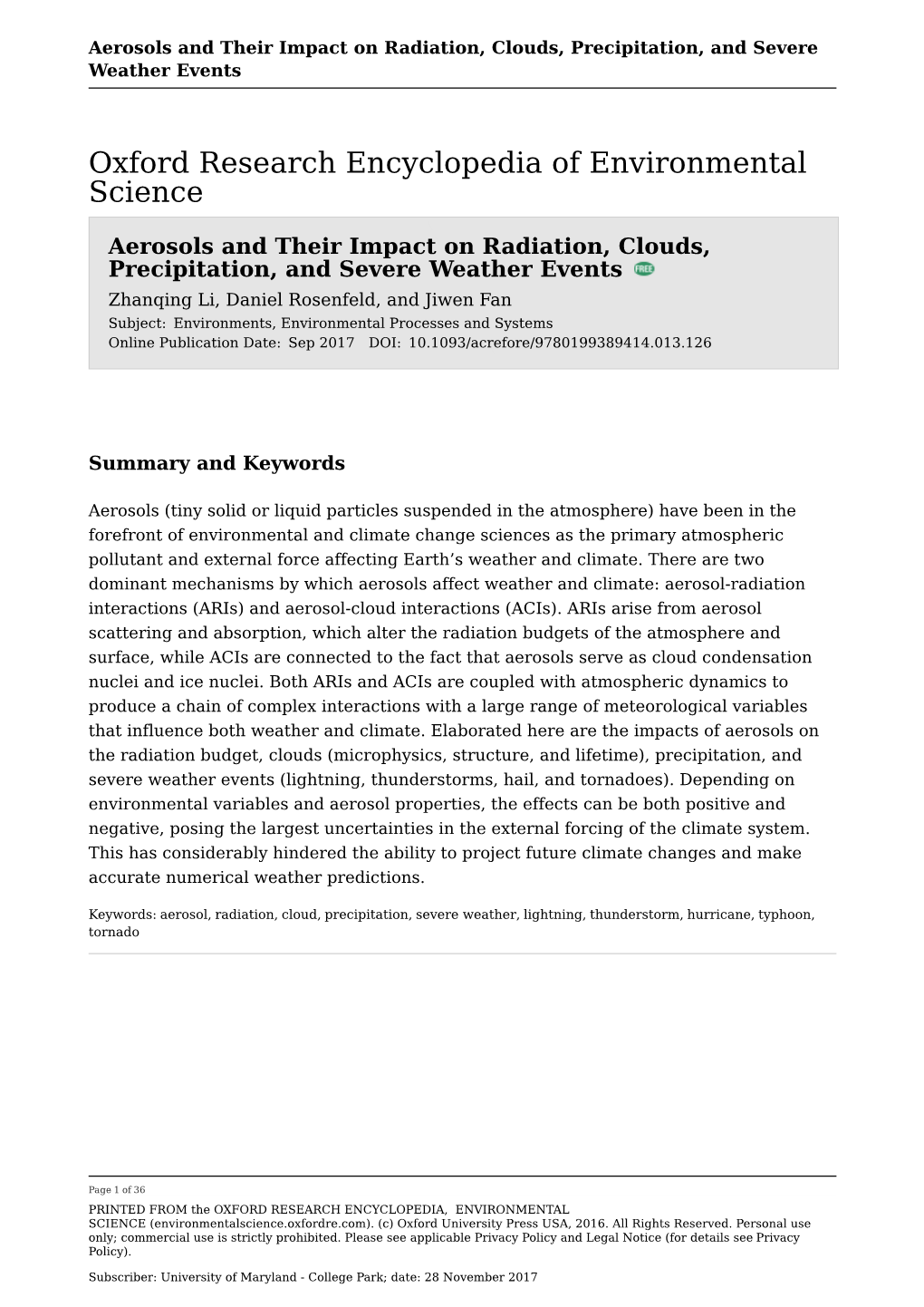 Aerosols and Their Impact on Radiation, Clouds, Precipitation, and Severe Weather Events